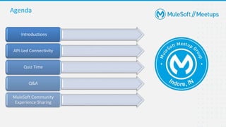 Agenda
•Introductions
API-Led Connectivity
Quiz Time
Q&A
MuleSoft Community
Experience Sharing
 