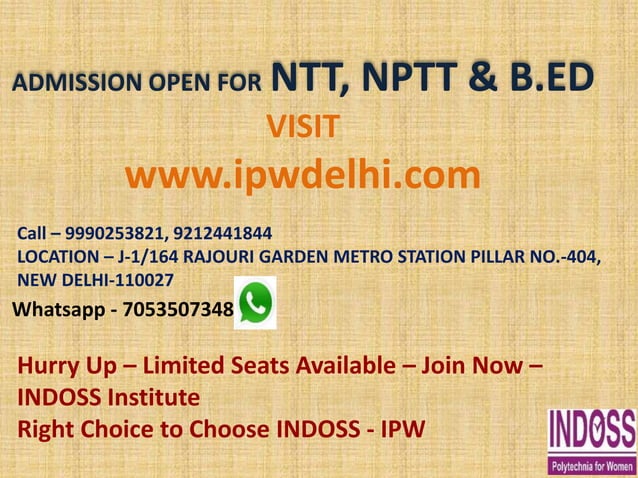 IPW Delhi NTT PTT NPTT B ED Courses PPT