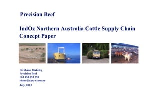 Precision Beef
IndOz Northern Australia Cattle Supply Chain
Concept Paper
Dr Shane Blakeley
Precision Beef
+61 458 651 659
shane@rpsys.com.au
July, 2013
 
