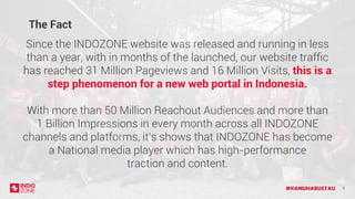 #KAMUHARUSTAU 5
Since the INDOZONE website was released and running in less
than a year, with in months of the launched, our website traffic
has reached 31 Million Pageviews and 16 Million Visits, this is a
step phenomenon for a new web portal in Indonesia.
With more than 50 Million Reachout Audiences and more than
1 Billion Impressions in every month across all INDOZONE
channels and platforms, it's shows that INDOZONE has become
a National media player which has high-performance
traction and content.
The Fact
 