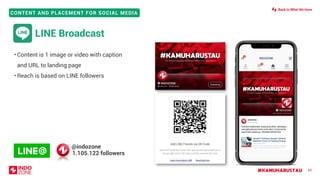 #KAMUHARUSTAU
CONTENT AND PLACEMENT FOR SOCIAL MEDIA
60
• Content is 1 image or video with caption
and URL to landing page
• Reach is based on LINE followers
LINE Broadcast
@indozone
1.105.122 followers
Back to What We Have
 