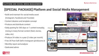 #KAMUHARUSTAU
PLATFORM AND SOCIAL MEDIA MANAGEMENT
66
• Build and maintain for social media asset
(Instagram, Facebook and Youtube)
• Content ideation and template concept
• Produce and distribute content
• Daily posting for 365 days or 1 content everyday,
mixing in many format content (feed, stories,
video, etc)
• Produce 24 video in a year (2 video per month)
• Free 3X Post Soft Sell in Instagram @indozone.id
• Monthly report and analysis
• Dedicated admin
[SPECIAL PACKAGE] Platform and Social Media Management
Click me
Click me
Back to What We Have
 