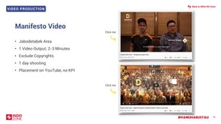 VIDEO PRODUCTION
#KAMUHARUSTAU
Manifesto Video
70
• Jabodetabek Area
• 1 Video Output; 2-3 Minutes
• Exclude Copyrights
• 1 day shooting
• Placement on YouTube, no KPI
Back to What We Have
Click me
Click me
 