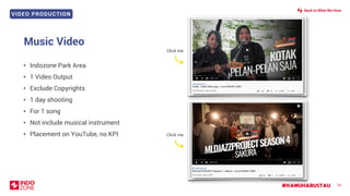 VIDEO PRODUCTION
#KAMUHARUSTAU
Music Video
74
• Indozone Park Area
• 1 Video Output
• Exclude Copyrights
• 1 day shooting
• For 1 song
• Not include musical instrument
• Placement on YouTube, no KPI
Back to What We Have
Click me
Click me
 
