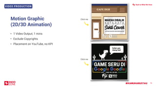VIDEO PRODUCTION
#KAMUHARUSTAU
Motion Graphic
(2D/3D Animation)
75
• 1 Video Output; 1 mins
• Exclude Copyrights
• Placement on YouTube, no KPI
Click me
Click me
Back to What We Have
 