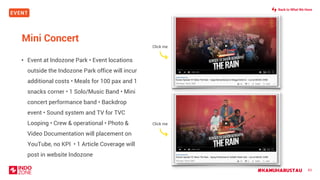 EVENT
#KAMUHARUSTAU 83
Mini Concert
• Event at Indozone Park • Event locations
outside the Indozone Park office will incur
additional costs • Meals for 100 pax and 1
snacks corner • 1 Solo/Music Band • Mini
concert performance band • Backdrop
event • Sound system and TV for TVC
Looping • Crew & operational • Photo &
Video Documentation will placement on
YouTube, no KPI • 1 Article Coverage will
post in website Indozone
Click me
Click me
Back to What We Have
 