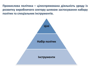 Промислова	
  політика	
  –	
  цілеспрямована	
  діяльність	
  уряду	
  із	
  
розвитку	
  виробничого	
  сектору	
  шляхом	
  застосування	
  набору	
  
політик	
  та	
  спеціальних	
  інструментів.	
  
Цілі	
  
Набір	
  політик	
  
Інструменти	
  
 