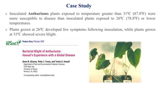  Inoculated Anthuriums plants exposed to temperature greater than 310C (87.80F) were
more susceptible to disease than inoculated plants exposed to 260C (78.80F) or lower
temperatures.
 Plants grown at 260C developed few symptoms following inoculation, while plants grown
at 310C showed severe blight.
Case Study
 