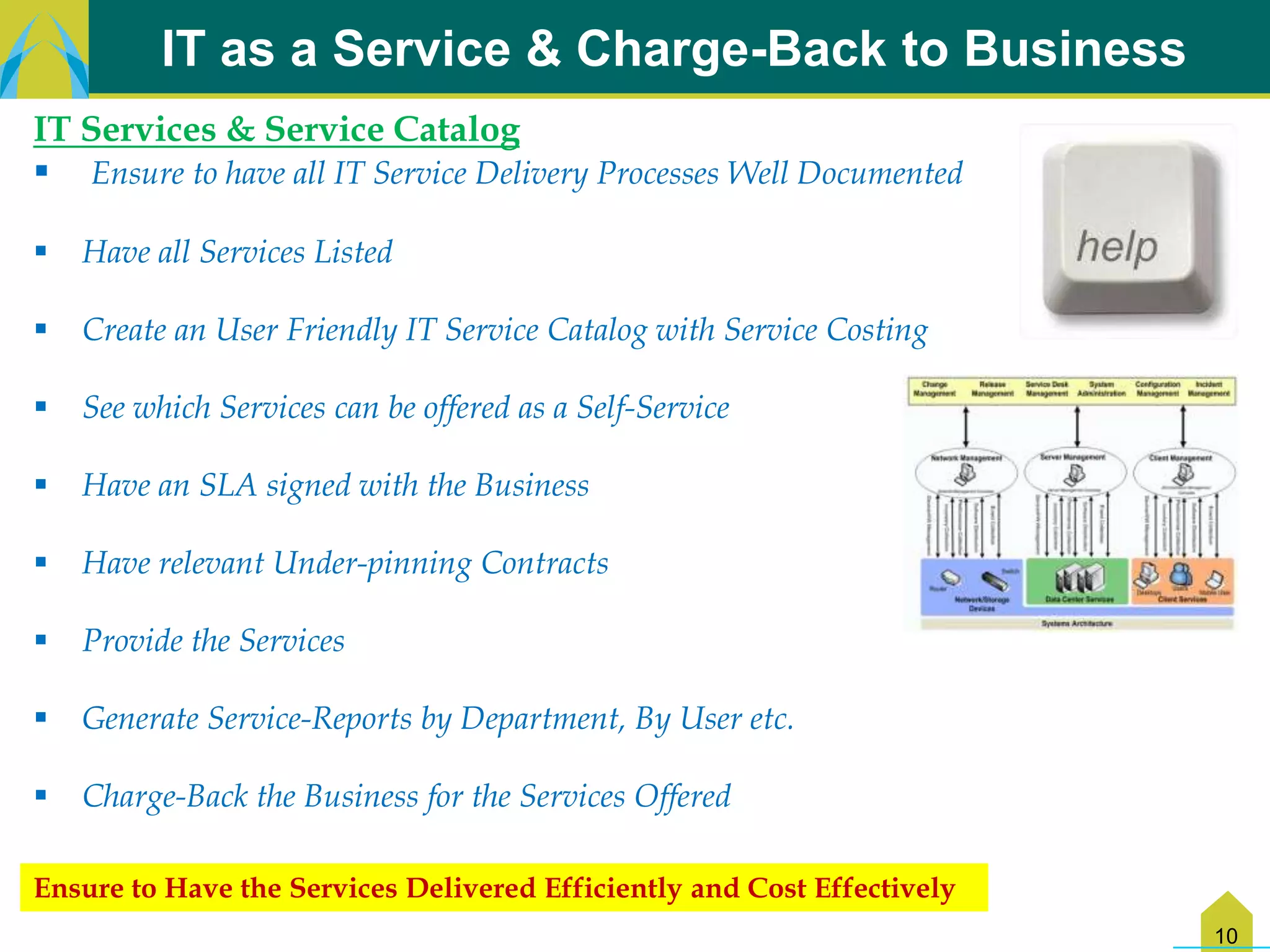 IT as a Service & Charge-Back to Business
IT Services & Service Catalog
 Ensure to have all IT Service Delivery Processes Well Documented

   Have all Services Listed

   Create an User Friendly IT Service Catalog with Service Costing

   See which Services can be offered as a Self-Service

   Have an SLA signed with the Business

   Have relevant Under-pinning Contracts

   Provide the Services

   Generate Service-Reports by Department, By User etc.

   Charge-Back the Business for the Services Offered

Ensure to Have the Services Delivered Efficiently and Cost Effectively
                                                                         10
 