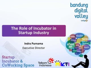 The Role of Incubator in
Startup Industry
Indra Purnama
Executive Director

 