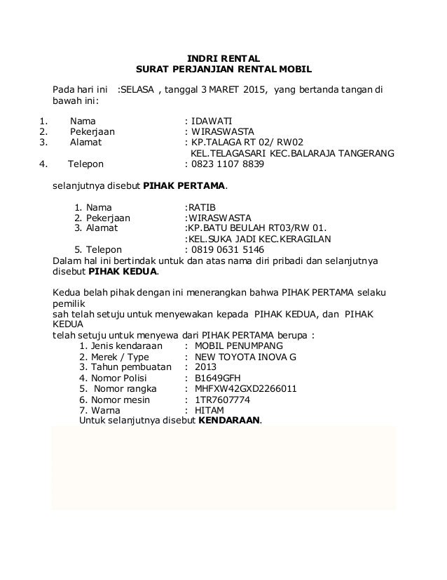 Contoh Surat Perjanjian Leasing Mobil  Kotasurat.com
