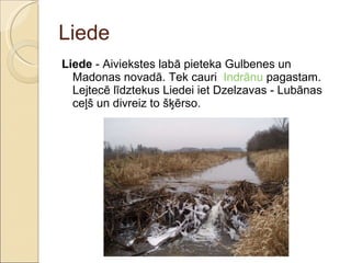 Liede Liede  - Aiviekstes labā pieteka Gulbenes un Madonas novadā. Tek cauri  Indrānu  pagastam. Lejtecē līdztekus Liedei iet Dzelzavas - Lubānas ceļš un divreiz to šķērso. 