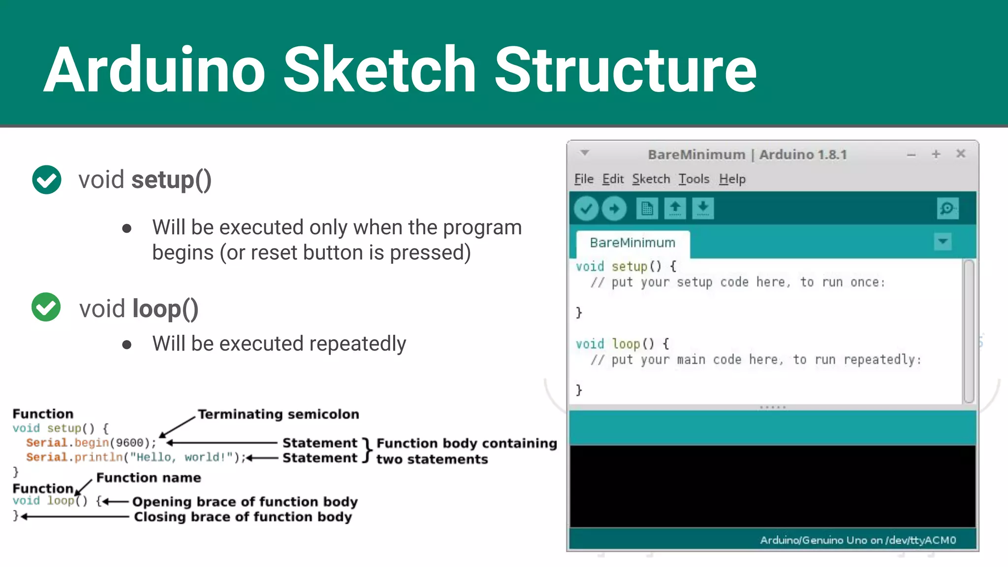 Arduino Sketch Structure void setup() ● Will be executed repeatedly void loop() ● Will be executed only when the program begins (or reset button is pressed) 