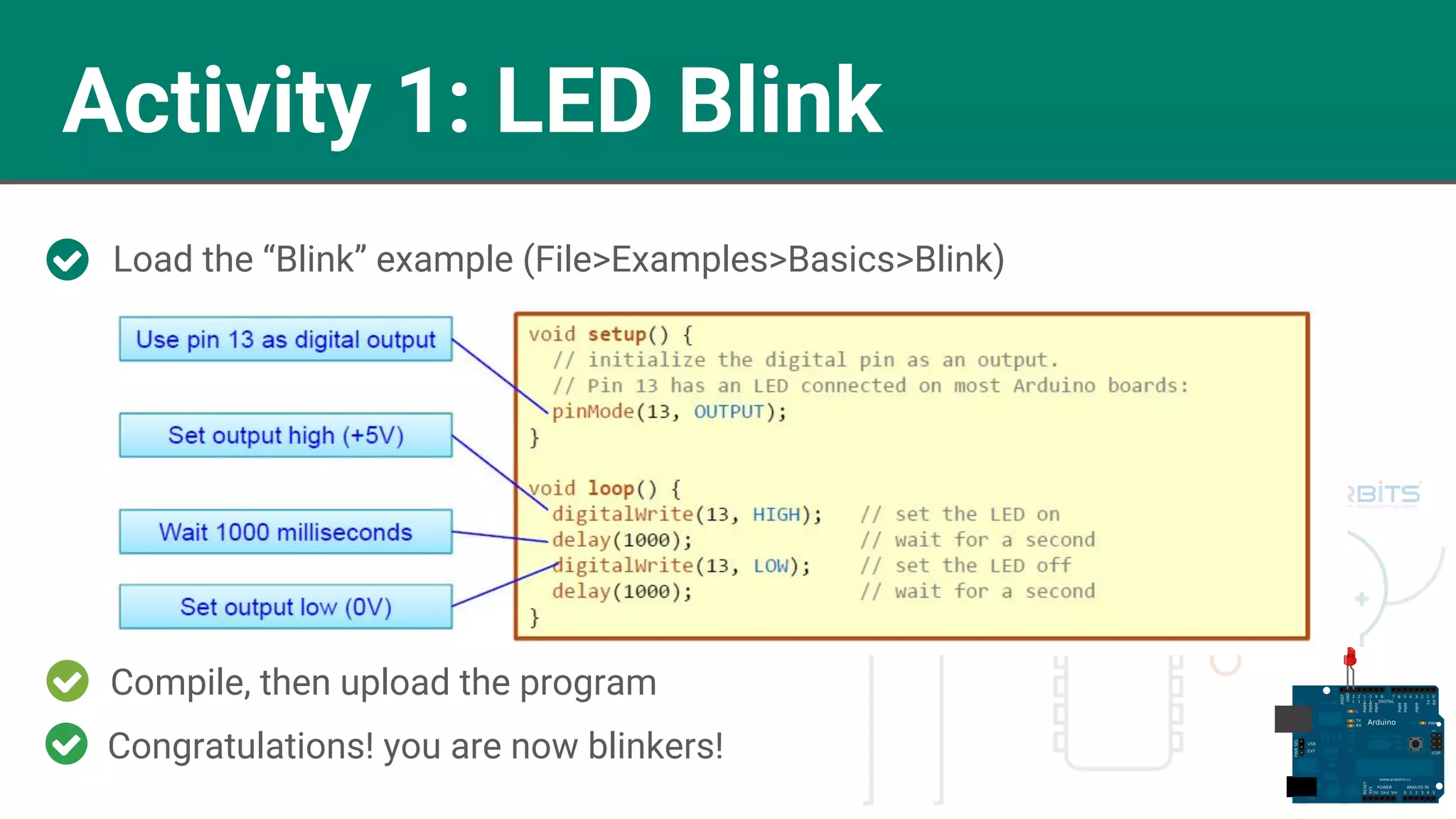 Activity 1: LED Blink
Load the “Blink” example (File>Examples>Basics>Blink)
Compile, then upload the program
Congratulations! you are now blinkers!
 