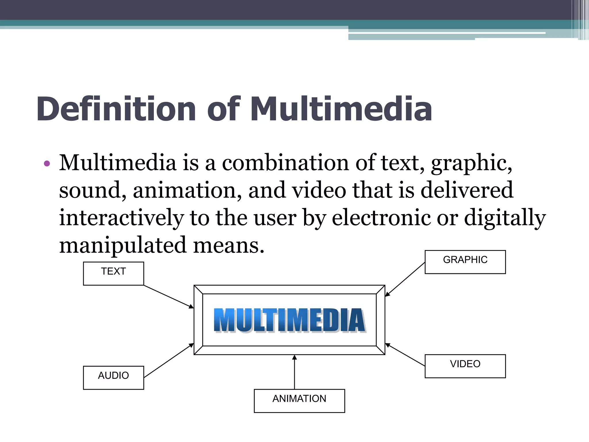 Definition of Multimedia
• Multimedia is a combination of text, graphic,
sound, animation, and video that is delivered
interactively to the user by electronic or digitally
manipulated means.
GRAPHIC
TEXT

VIDEO
AUDIO
ANIMATION

 