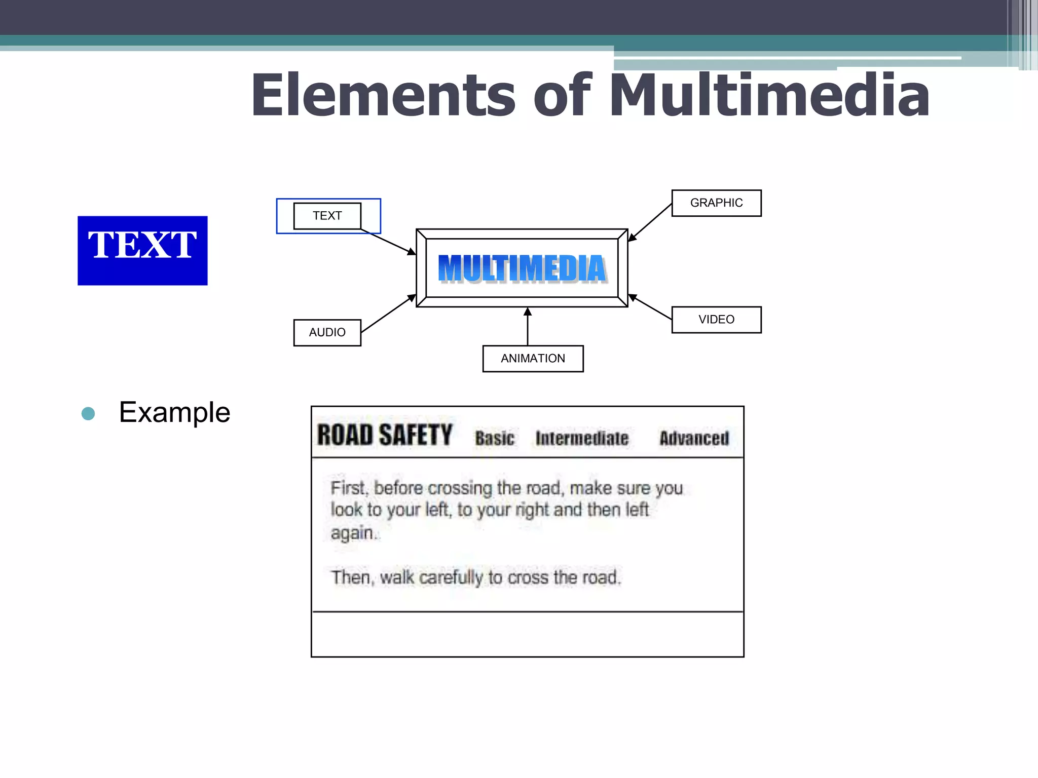 Elements of Multimedia
GRAPHIC
TEXT

TEXT
VIDEO
AUDIO
ANIMATION



Example

 