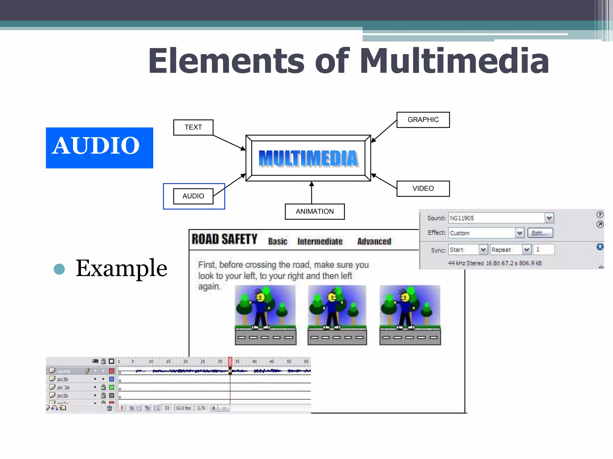 Elements of Multimedia
GRAPHIC
TEXT

AUDIO
VIDEO
AUDIO
ANIMATION



Example

 