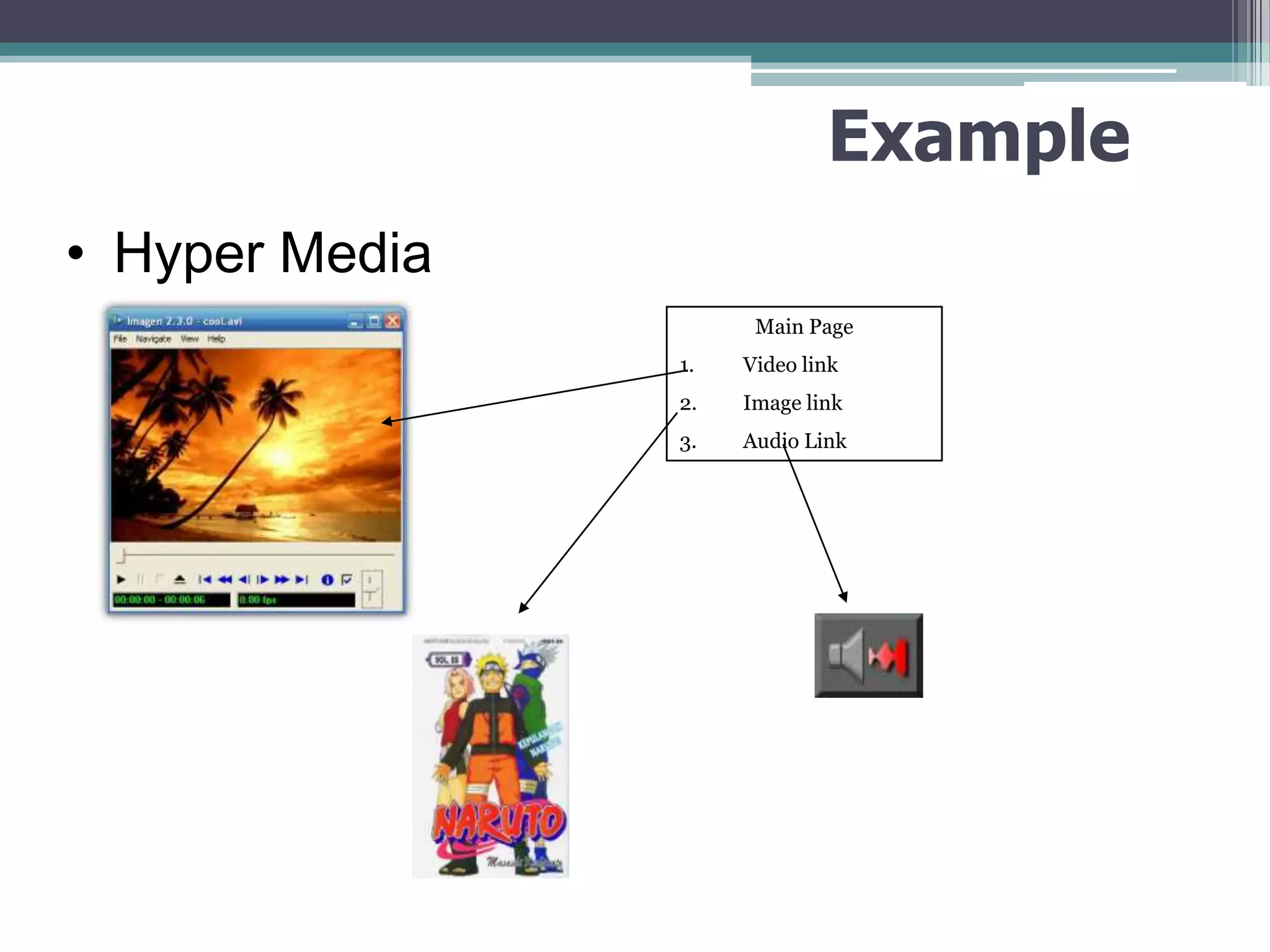 Example
• Hyper Media
Main Page
1.

Video link

2.

Image link

3.

Audio Link

 