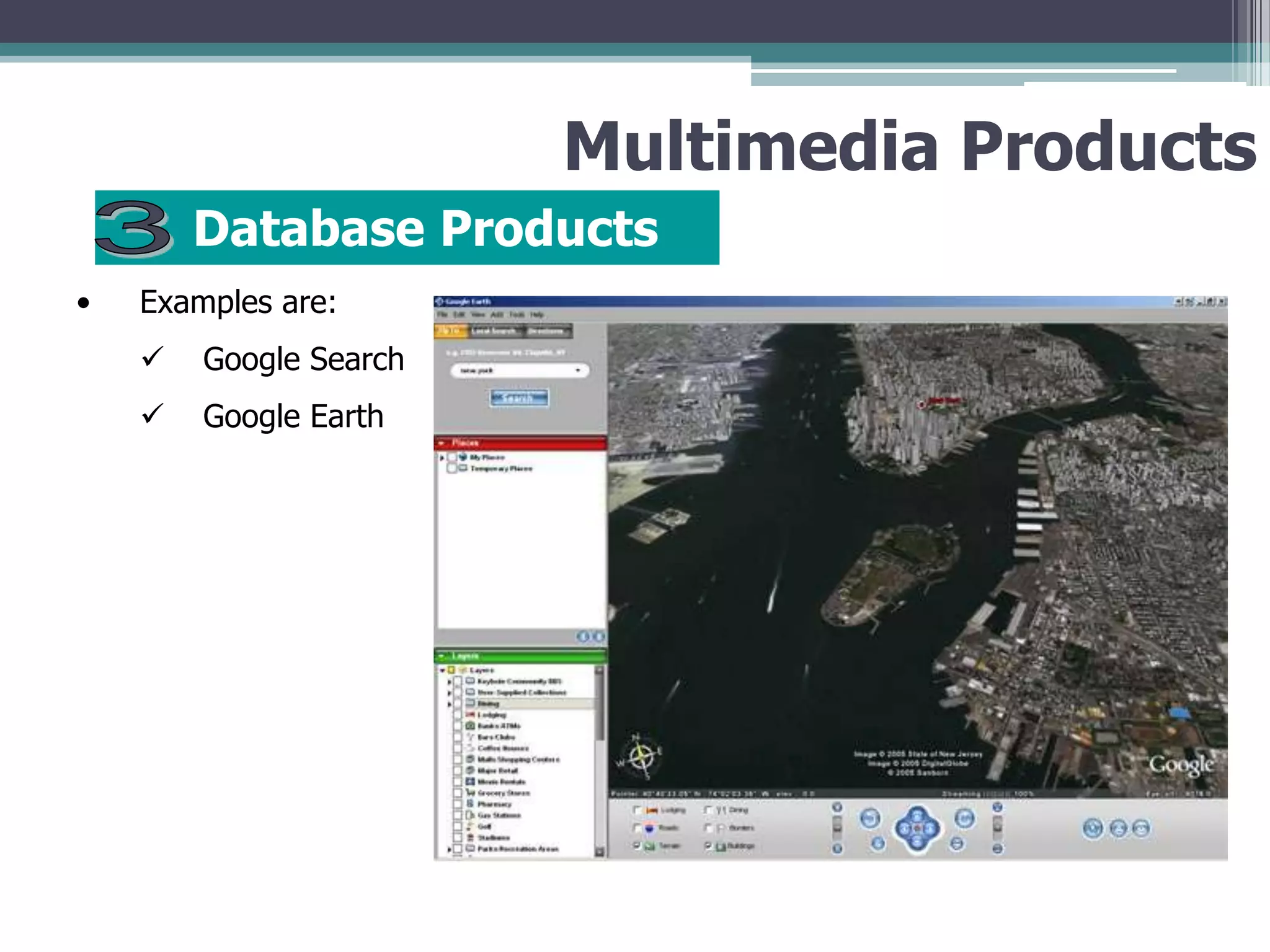 Multimedia Products
Database Products
•

Examples are:


Google Search



Google Earth

 