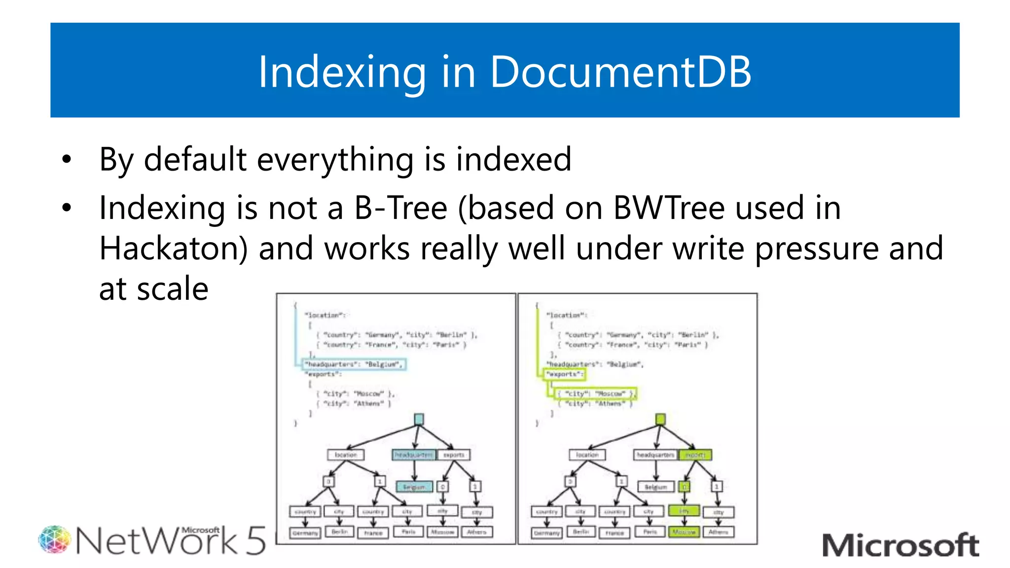 Indexing in DocumentDB
• By default everything is indexed
• Indexing is not a B-Tree (based on BWTree used in
Hackaton) and works really well under write pressure and
at scale
 