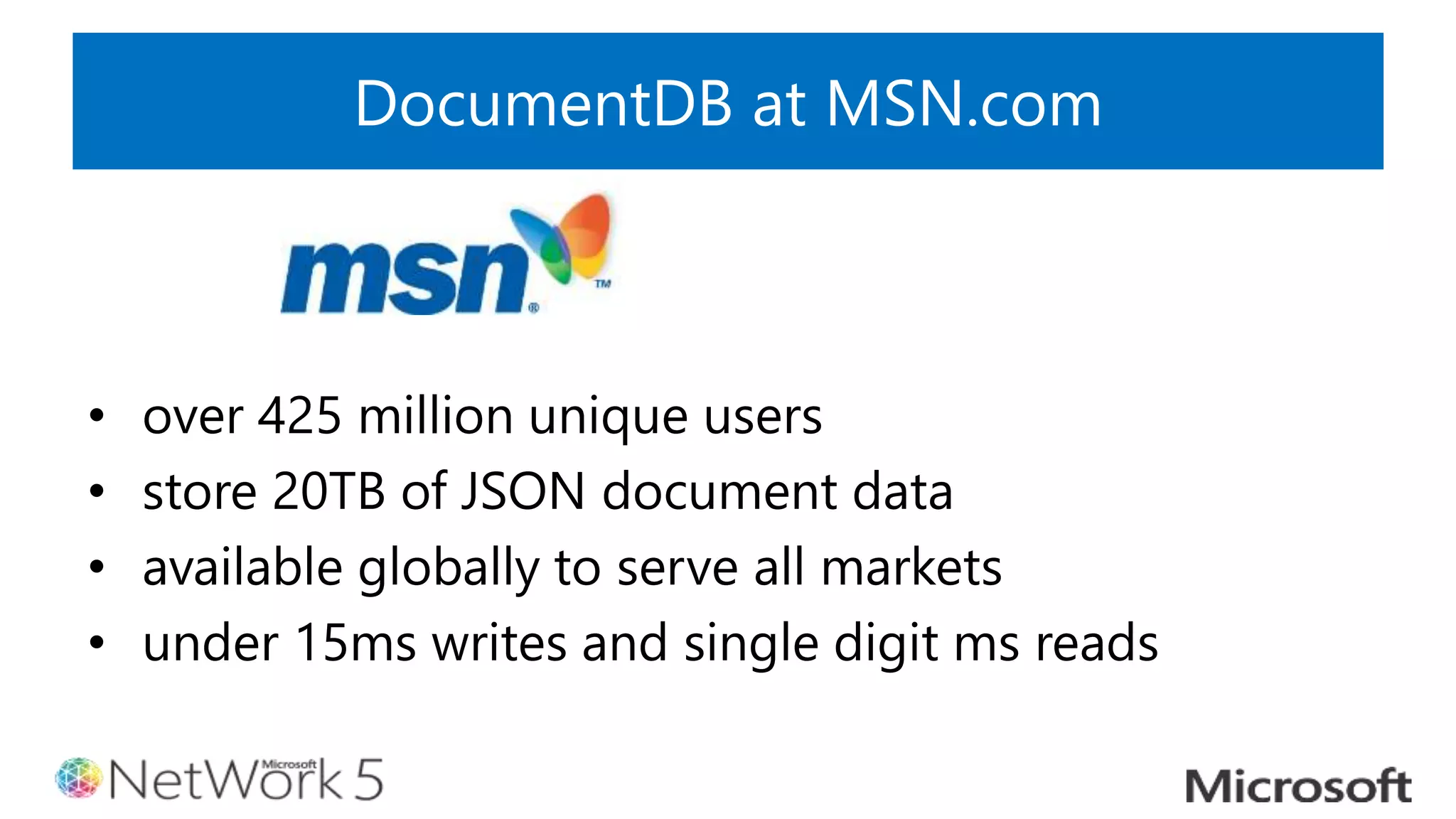 DocumentDB at MSN.com
• over 425 million unique users
• store 20TB of JSON document data
• available globally to serve all markets
• under 15ms writes and single digit ms reads
 