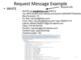 Request Message Example
• INVITE
18
INVITE sip:bob@biloxi.com SIP/2.0
Via: SIP/2.0/UDP pc33.atlanta.com;branch=z9hG4bK776asdhds
Max-Forwards: 70
To: Bob <sip:bob@biloxi.com>
From: Alice <sip:alice@atlanta.com>;tag=1928301774
Call-ID: a84b4c76e66710@pc33.atlanta.com
CSeq: 314159 INVITE
Contact: <sip:alice@pc33.atlanta.com>
Content-Type: application/sdp
Content-Length: 142
(Alice's SDP not shown)
Request-URI
 