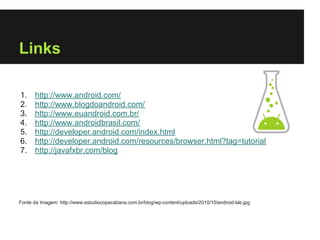Links

1.    http://www.android.com/
2.    http://www.blogdoandroid.com/
3.    http://www.euandroid.com.br/
4.    http://www.androidbrasil.com/
5.    http://developer.android.com/index.html
6.    http://developer.android.com/resources/browser.html?tag=tutorial
7.    http://javafxbr.com/blog




Fonte da Imagem: http://www.estudiocopacabana.com.br/blog/wp-content/uploads/2010/10/android-lab.jpg
 