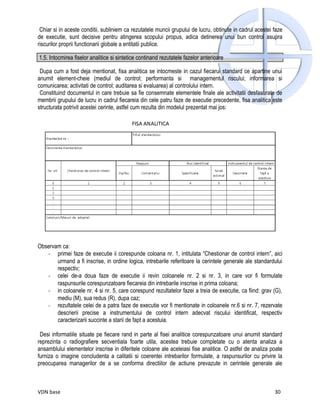 Chiar si in aceste conditii, subliniem ca rezutatele muncii grupului de lucru, obtinute in cadrul acestei faze
de executie, sunt decisive pentru atingerea scopului propus, adica detinerea unui bun control asupra
riscurilor proprii functionarii globale a entitatii publice.

1.5. Intocmirea fiselor analitice si sintetice continand rezutatele fazelor anterioare

 Dupa cum a fost deja mentionat, fisa analitica se intocmeste in cazul fiecarui standard ce apartine unui
anumit element-cheie (mediul de control; performanta si managementul riscului; informarea si
comunicarea; activitati de control; auditarea si evaluarea) al controlului intern.
 Constituind documentul in care trebuie sa fie consemnate elementele finale ale activitatii desfasurate de
membrii grupului de lucru in cadrul fiecareia din cele patru faze de executie precedente, fisa analitica este
structurata potrivit acestei cerinte, astfel cum rezulta din modelul prezentat mai jos:




Observam ca:
   - primei faze de executie ii corespunde coloana nr. 1, intitulata “Chestionar de control intern”, aici
       urmand a fi inscrise, in ordine logica, intrebarile referitoare la cerintele generale ale standardului
       respectiv;
   - celei de-a doua faze de executie ii revin coloanele nr. 2 si nr. 3, in care vor fi formulate
       raspunsurile corespunzatoare fiecareia din intrebarile inscrise in prima coloana;
   - in coloanele nr. 4 si nr. 5, care corespund rezultatelor fazei a treia de executie, ca fiind: grav (G),
       mediu (M), sua redus (R), dupa caz;
   - rezultatele celei de a patra faze de executie vor fi mentionate in coloanele nr.6 si nr. 7, rezervate
       descrierii precise a instrumentului de control intern adecvat riscului identificat, respectiv
       caracterizarii succinte a starii de fapt a acestuia.

 Desi informatiile situate pe fiecare rand in parte al fisei analitice corespunzatoare unui anumit standard
reprezinta o radiografiere secventiala foarte utila, acestea trebuie completate cu o atenta analiza a
ansamblului elementelor inscrise in diferitele coloane ale aceleiasi fise analitice. O astfel de analiza poate
furniza o imagine concludenta a calitatii si coerentei intrebarilor formulate, a raspunsurilor cu privire la
preocuparea managerilor de a se conforma directiilor de actiune prevazute in cerintele generale ale



VDN base                                                                                                   30
 
