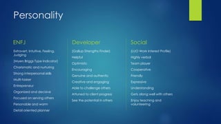Personality
ENFJ
Extravert, Intuitive, Feeling,
Judging
(Myers Briggs Type Indicator)
Charismatic and nurturing
Strong interpersonal skills
Multi-tasker
Entrepreneur
Organized and decisive
Focused on serving others
Personable and warm
Detail oriented planner
Developer
(Gallup Strengths Finder)
Helpful
Optimistic
Encouraging
Genuine and authentic
Creative and engaging
Able to challenge others
Attuned to client progress
See the potential in others
Social
(LUO Work Interest Profile)
Highly verbal
Team player
Cooperative
Friendly
Expressive
Understanding
Gets along well with others
Enjoy teaching and
volunteering
 