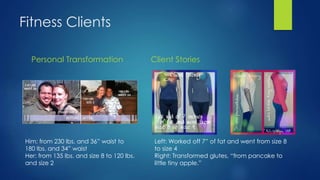 Fitness Clients
Personal Transformation Client Stories
Him: from 230 lbs. and 36” waist to
180 lbs. and 34” waist
Her: from 135 lbs. and size 8 to 120 lbs.
and size 2
Left: Worked off 7” of fat and went from size 8
to size 4
Right: Transformed glutes, “from pancake to
little tiny apple.”
 