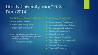 Liberty University: Mar/2013 –
Dec/2014
Bachelor of Science Degree
 Contemporary Worldviews
 Humanities in Western Culture
 Developmental Psychology
 Behavior Management
 Group Dynamics
 Psychology of Personality
 Psychological Foundations of
Learning
 Marriage Coaching
 Financial Coaching
Psychology Cognate
Interdisciplinary Studies
 Dean’s List, Spring 2014
 Dean’s List, Summer 2014
 Accepted into Master of Arts
Degree program: Marriage and
Family Counseling
 Anticipated: Dec/2015
 