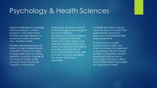 Psychology & Health Sciences
Apply knowledge of physiology
and psychology to create
programs which effectively
transform families lifestyles, to
break bad habits and learn
new, healthier habits
Develop generalized plans of
action to help families identify
unhealthy choices and take
manageable steps to making
healthier choices to include all
five areas of quality of life:
physical, social, emotional,
cognitive, and spiritual
Using group dynamics theories
and knowledge of physiological
and psychological
development, create programs
that incorporate the entire
family unit in each session and
take advantage of the family’s
varied developmental stages to
promote social learning as
each individual learns new skills
and new concepts alongside
the others, rather than
separately
Facilitate discussions around
common areas of conflict that
ease tensions and teach
lessons on a developmentally
appropriate level
Understand and model
financial responsibility and
effective money management
to empathize with and coach
families to a healthier mindset
regarding finances and to
encourage and teach clients
how to follow biblical principles
for using money wisely
 