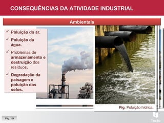Fig. Poluição da paisagem, Rússia.Fig. Depósito de lixo, Portugal.
CONSEQUÊNCIAS DA ATIVIDADE INDUSTRIAL
Fig. Fábrica de papel, Portugal.
Fig. Poluição hídrica.
Pág. 164
 Poluição do ar.
 Poluição da
água.
 Problemas de
armazenamento e
destruição dos
resíduos.
 Degradação da
paisagem e
poluição dos
solos.
 Poluição do ar.
 Poluição da
água.
 Problemas de
armazenamento e
destruição dos
resíduos.
 Degradação da
paisagem e
poluição dos
solos.
Ambientais
 
