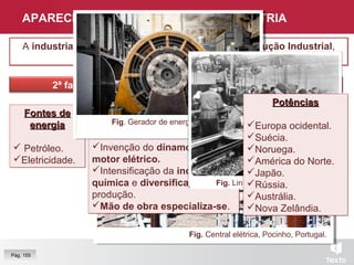 Fig. Extração de petróleo, EUA.
Fig. Central elétrica, Pocinho, Portugal.
APARECIMENTO E EVOLUÇÃO DA INDÚSTRIA
2ª fase Final séc. XIX – 1960/70
Fontes deFontes de
energiaenergia
 Petróleo.
Eletricidade.
Fontes deFontes de
energiaenergia
 Petróleo.
Eletricidade.
Inovações no processoInovações no processo
produtivoprodutivo
Descoberta do motor de
combustão interna.
Invenção do dínamo e do
motor elétrico.
Intensificação da indústria
química e diversificação da
produção.
Mão de obra especializa-se.
Inovações no processoInovações no processo
produtivoprodutivo
Descoberta do motor de
combustão interna.
Invenção do dínamo e do
motor elétrico.
Intensificação da indústria
química e diversificação da
produção.
Mão de obra especializa-se.
A industrialização, iniciada na Inglaterra com a Revolução Industrial,
processou-se em diferentes fases:
A industrialização, iniciada na Inglaterra com a Revolução Industrial,
processou-se em diferentes fases:
Pág. 155
Fig. Gerador de energia elétrica, (detalhe
dínamo).
Fig. Linha de produção, Inglaterra.
PotênciasPotências
Europa ocidental.
Suécia.
Noruega.
América do Norte.
Japão.
Rússia.
Austrália.
Nova Zelândia.
PotênciasPotências
Europa ocidental.
Suécia.
Noruega.
América do Norte.
Japão.
Rússia.
Austrália.
Nova Zelândia.
 
