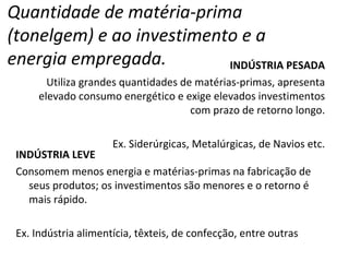 Quantidade de matéria-prima (tonelgem) e ao investimento e a energia empregada. INDÚSTRIA PESADA Utiliza grandes quantidades de matérias-primas, apresenta elevado consumo energético e exige elevados investimentos com prazo de retorno longo. Ex. Siderúrgicas, Metalúrgicas, de Navios etc. INDÚSTRIA LEVE Consomem menos energia e matérias-primas na fabricação de seus produtos; os investimentos são menores e o retorno é mais rápido.  Ex. Indústria alimentícia, têxteis, de confecção, entre outras 