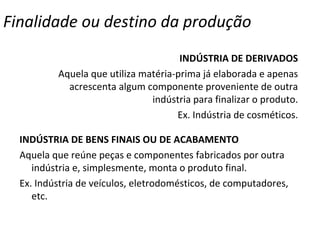 Finalidade ou destino da produção INDÚSTRIA DE DERIVADOS Aquela que utiliza matéria-prima já elaborada e apenas acrescenta algum componente proveniente de outra indústria para finalizar o produto. Ex. Indústria de cosméticos. INDÚSTRIA DE BENS FINAIS OU DE ACABAMENTO Aquela que reúne peças e componentes fabricados por outra indústria e, simplesmente, monta o produto final. Ex. Indústria de veículos, eletrodomésticos, de computadores, etc. 