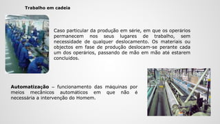 Caso particular da produção em série, em que os operários
permanecem nos seus lugares de trabalho, sem
necessidade de qualquer deslocamento. Os materiais ou
objectos em fase de produção deslocam-se perante cada
um dos operários, passando de mão em mão até estarem
concluídos.
Trabalho em cadeia
Automatização – funcionamento das máquinas por
meios mecânicos automáticos em que não é
necessária a intervenção do Homem.
 