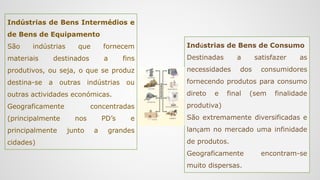 Indústrias de Bens de Consumo
Destinadas a satisfazer as
necessidades dos consumidores
fornecendo produtos para consumo
direto e final (sem finalidade
produtiva)
São extremamente diversificadas e
lançam no mercado uma infinidade
de produtos.
Geograficamente encontram-se
muito dispersas.
Indústrias de Bens Intermédios e
de Bens de Equipamento
São indústrias que fornecem
materiais destinados a fins
produtivos, ou seja, o que se produz
destina-se a outras indústrias ou
outras actividades económicas.
Geograficamente concentradas
(principalmente nos PD’s e
principalmente junto a grandes
cidades)
 