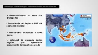 Factores que contribuíram para o desenvolvimento industrial dos NPI
- desenvolvimento no setor dos
transportes
- importância do Japão e EUA na
economia mundial
- mão-de-obra disponível, a baixo
custo
- potencial do mercado destas
regiões que apresentam
crescimento demográfico elevado
 