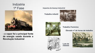 Indústria
1ª Fase
- o vapor foi a principal fonte
de energia usada durante a
Revolução Industrial
Impactos do Avanço Industrial
Trabalho infantil
Trabalho Feminino
Elevado nº de horas de trabalho
Luta de
classes
 
