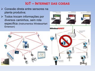 IOT – INTERNET DAS COISAS
 Conexão direta entre sensores na
planta produtiva;
 Todos trocam informações por
diversos caminhos, sem rota
específica; (Instrumentos WirelessHart
Emerson)
 