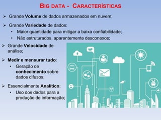 BIG DATA - CARACTERÍSTICAS
 Grande Volume de dados armazenados em nuvem;
 Grande Variedade de dados:
• Maior quantidade para mitigar a baixa confiabilidade;
• Não estruturados, aparentemente desconexos;
 Grande Velocidade de
análise;
 Medir e mensurar tudo:
• Geração de
conhecimento sobre
dados difusos;
 Essencialmente Analítico;
• Uso dos dados para a
produção de informação;
 