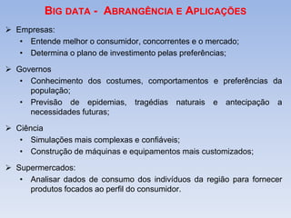 BIG DATA - ABRANGÊNCIA E APLICAÇÕES
 Empresas:
• Entende melhor o consumidor, concorrentes e o mercado;
• Determina o plano de investimento pelas preferências;
 Governos
• Conhecimento dos costumes, comportamentos e preferências da
população;
• Previsão de epidemias, tragédias naturais e antecipação a
necessidades futuras;
 Ciência
• Simulações mais complexas e confiáveis;
• Construção de máquinas e equipamentos mais customizados;
 Supermercados:
• Analisar dados de consumo dos indivíduos da região para fornecer
produtos focados ao perfil do consumidor.
 