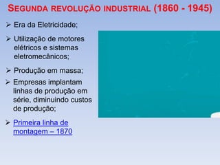 SEGUNDA REVOLUÇÃO INDUSTRIAL (1860 - 1945)
 Era da Eletricidade;
 Utilização de motores
elétricos e sistemas
eletromecânicos;
 Produção em massa;
 Empresas implantam
linhas de produção em
série, diminuindo custos
de produção;
 Primeira linha de
montagem – 1870
 