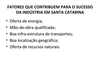 FATORES QUE CONTRIBUEM PARA O SUCESSO
    DA INDÚSTRIA EM SANTA CATARINA
•   Oferta de energia;
•   Mão-de-obra qualificada;
•   Boa infra-estrutura de transportes;
•   Boa localização geográfica;
•   Oferta de recursos naturais.
 
