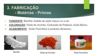 3. FABRICAÇÃO
- Matérias - Primas
I. FUNDENTE: Barrilha; Sulfato de sódio impuro ou a cal.
II. COLORAÇÃO: Óxido de chumbo; Carbonato de Potássio; Ácido Bórico.
III. ACABAMENTO: Ácido Fluorídrico e produtos abrasivos ;
Barrilha Óxido de Chumbo Ácido Fluorídrico
 