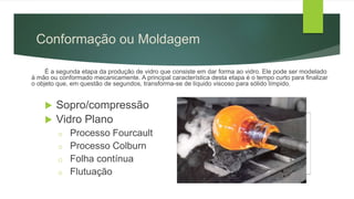 É a segunda etapa da produção de vidro que consiste em dar forma ao vidro. Ele pode ser modelado
à mão ou conformado mecanicamente. A principal característica desta etapa é o tempo curto para finalizar
o objeto que, em questão de segundos, transforma-se de líquido viscoso para sólido límpido.
 Sopro/compressão
 Vidro Plano
o Processo Fourcault
o Processo Colburn
o Folha contínua
o Flutuação
Conformação ou Moldagem
 