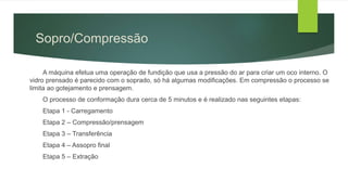 Sopro/Compressão
A máquina efetua uma operação de fundição que usa a pressão do ar para criar um oco interno. O
vidro prensado é parecido com o soprado, só há algumas modificações. Em compressão o processo se
limita ao gotejamento e prensagem.
O processo de conformação dura cerca de 5 minutos e é realizado nas seguintes etapas:
Etapa 1 - Carregamento
Etapa 2 – Compressão/prensagem
Etapa 3 – Transferência
Etapa 4 – Assopro final
Etapa 5 – Extração
 