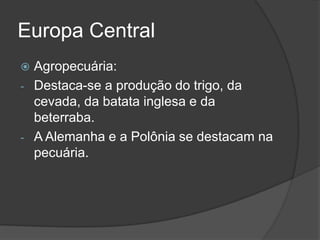 Europa Central
 Agropecuária:
- Destaca-se a produção do trigo, da
cevada, da batata inglesa e da
beterraba.
- A Alemanha e a Polônia se destacam na
pecuária.
 