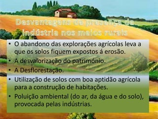Desvantagens da presença da indústria nos meios ruraisO abandono das explorações agrícolas leva a que os solos fiquem expostos á erosão.A desvalorização do património.A Desflorestação.Utilização de solos com boa aptidão agrícola para a construção de habitações.Poluição ambiental (do ar, da água e do solo), provocada pelas indústrias.